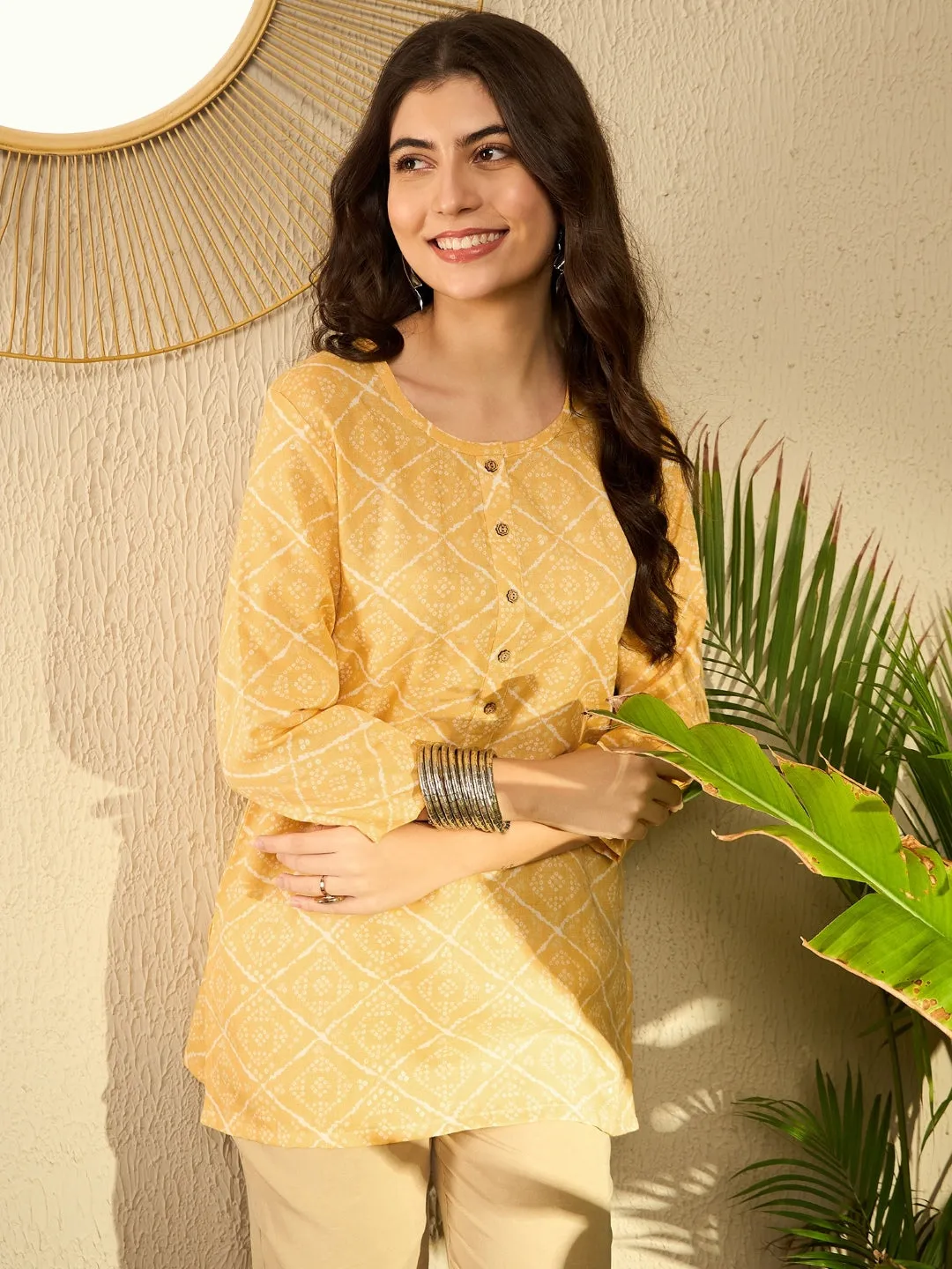 Women Yellow Cotton Blend Bandhani Printed Regular Tunic