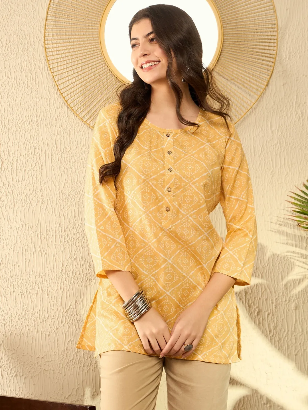 Women Yellow Cotton Blend Bandhani Printed Regular Tunic