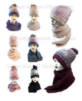 Women's Studded Flower Knitted Beanie Hat with Scarf Set Wholesale