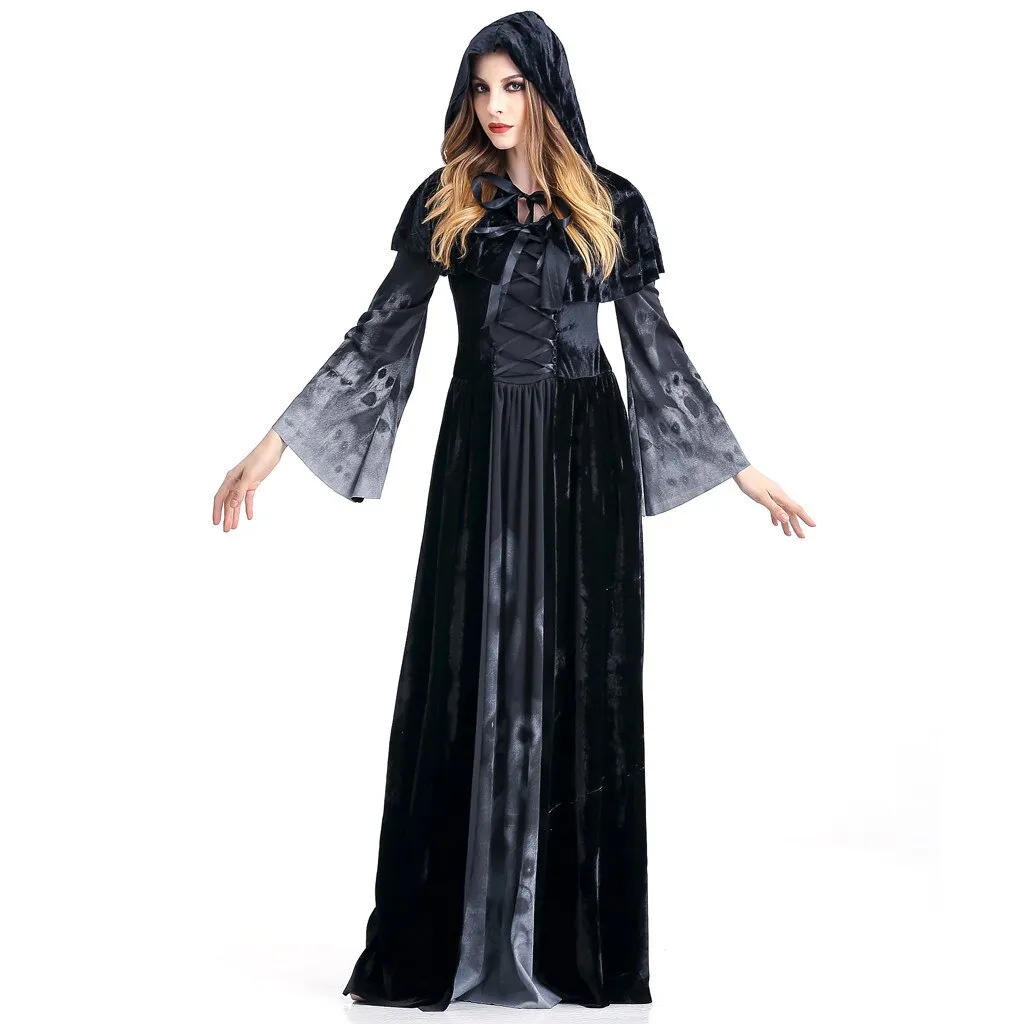 Women's Vintage Witch Halloween Costume - Long Sleeve Maxi Dress Cosplay