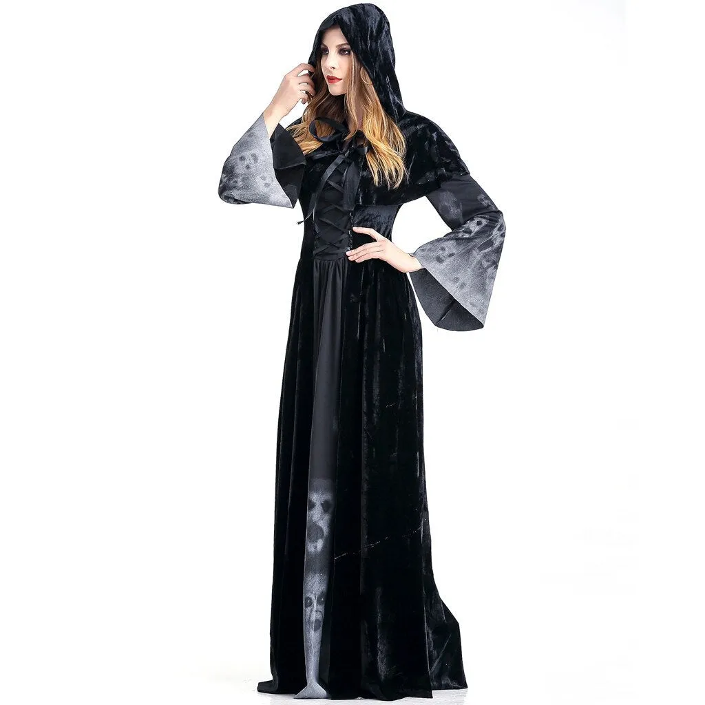 Women's Vintage Witch Halloween Costume - Long Sleeve Maxi Dress Cosplay