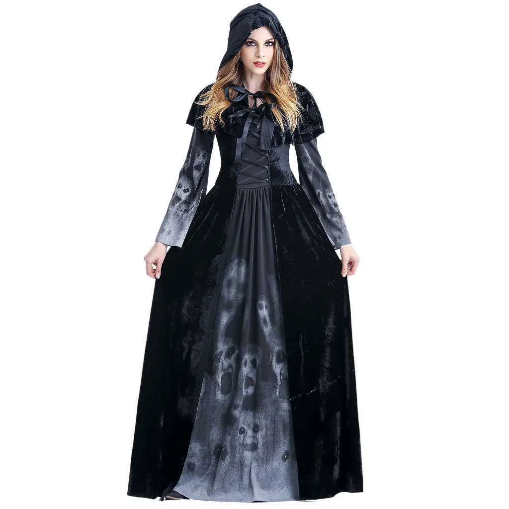 Women's Vintage Witch Halloween Costume - Long Sleeve Maxi Dress Cosplay