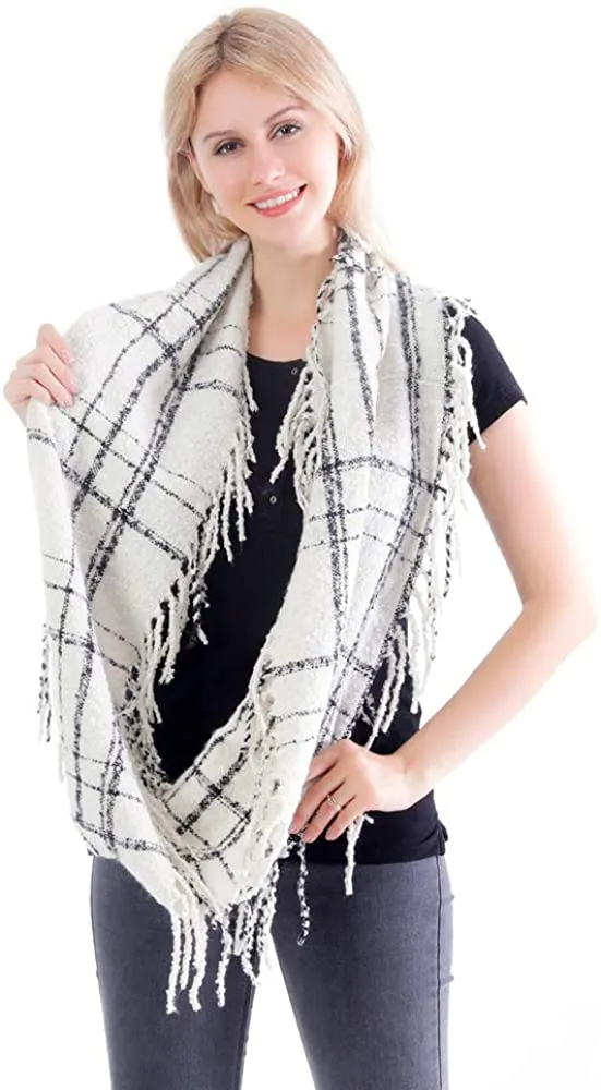 Womens Winter Plaid Infinity Scarf Warm Tassel Circle Loop Scarves for Women