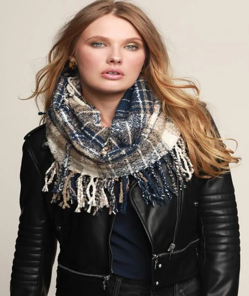 Womens Winter Plaid Infinity Scarf Warm Tassel Circle Loop Scarves for Women