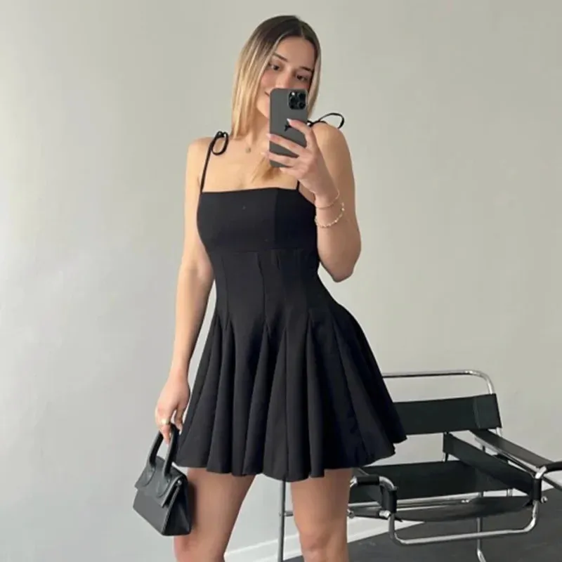 YESMYTOOL  -   Folds Mini Suspender Dress For Women Lace Up Sleeveless Birthday Club Party Dress Solid Patchwork Female Elegant Summer