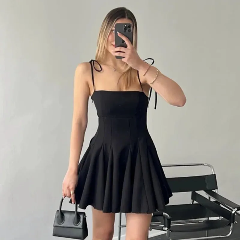 YESMYTOOL  -   Folds Mini Suspender Dress For Women Lace Up Sleeveless Birthday Club Party Dress Solid Patchwork Female Elegant Summer