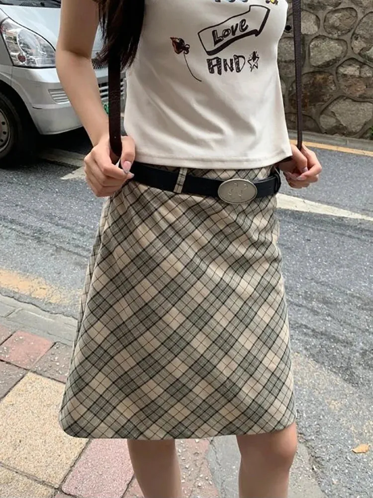 YESMYTOOL  -   Vintage Plaid Midi Skirt Women Fashion 90s Aesthetic High Waist Knee-length A-line Tube Skirt Y2k Korean Streetwear